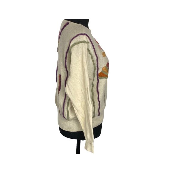 ISLE OF SKYE Women Lambs Wool Embroidered Sweater Sz M Ivory Crew Neck 8A-9 - Picture 3 of 12